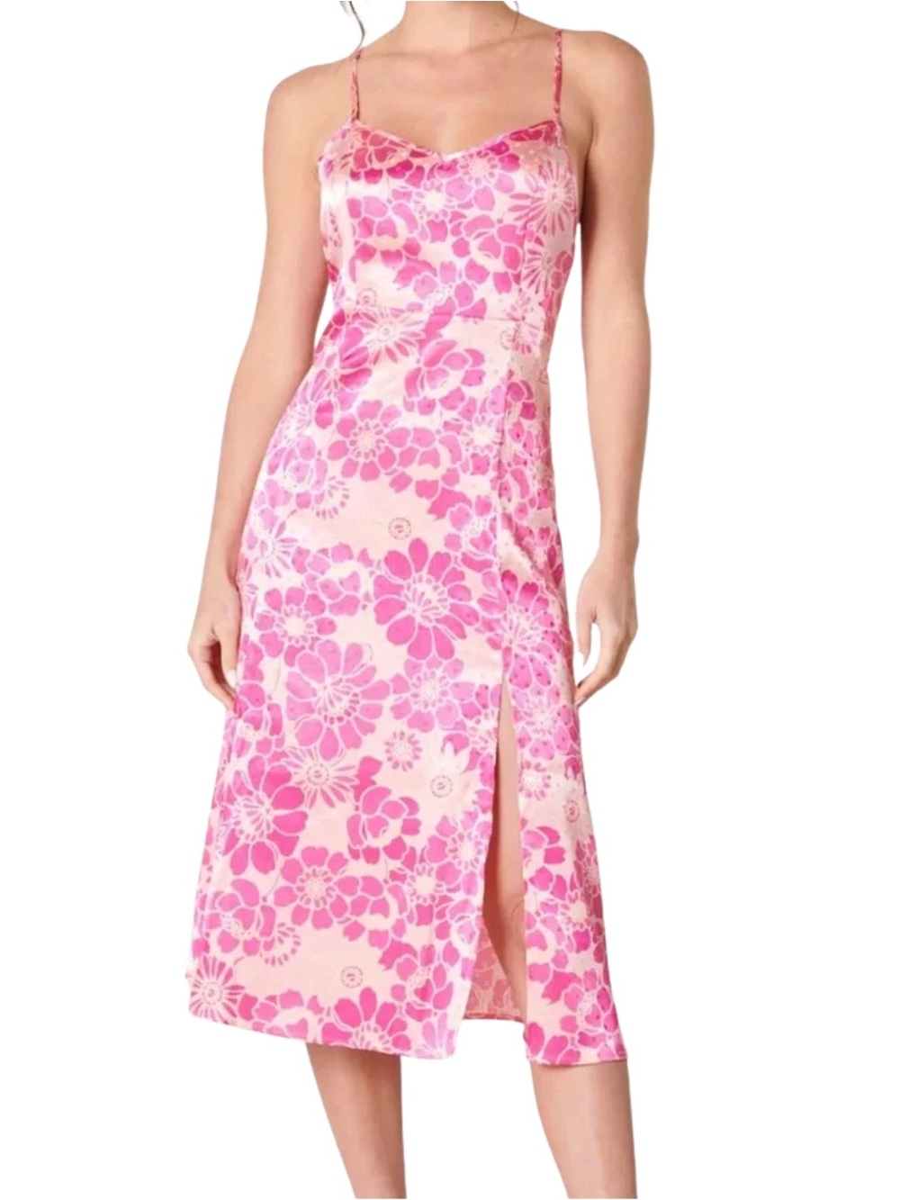 Sugarlips Pink Satin Floral Slip Midi Dress Side Slit Y2K Size L